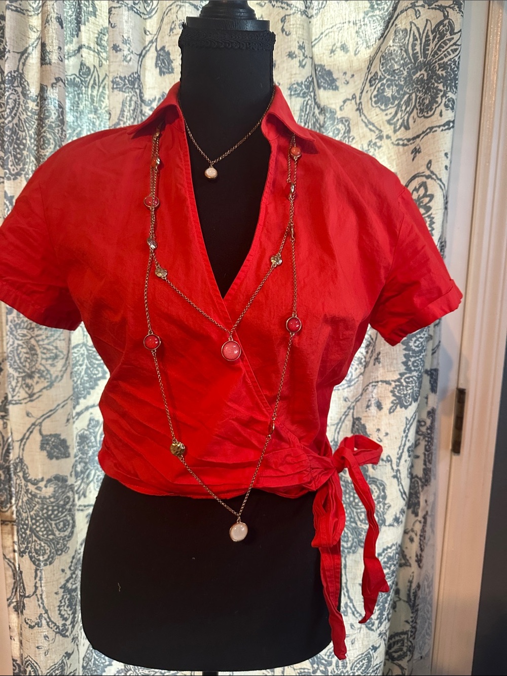 Anthropologie Reddish Orange Wrap Short-Sleeve Tie Blouse